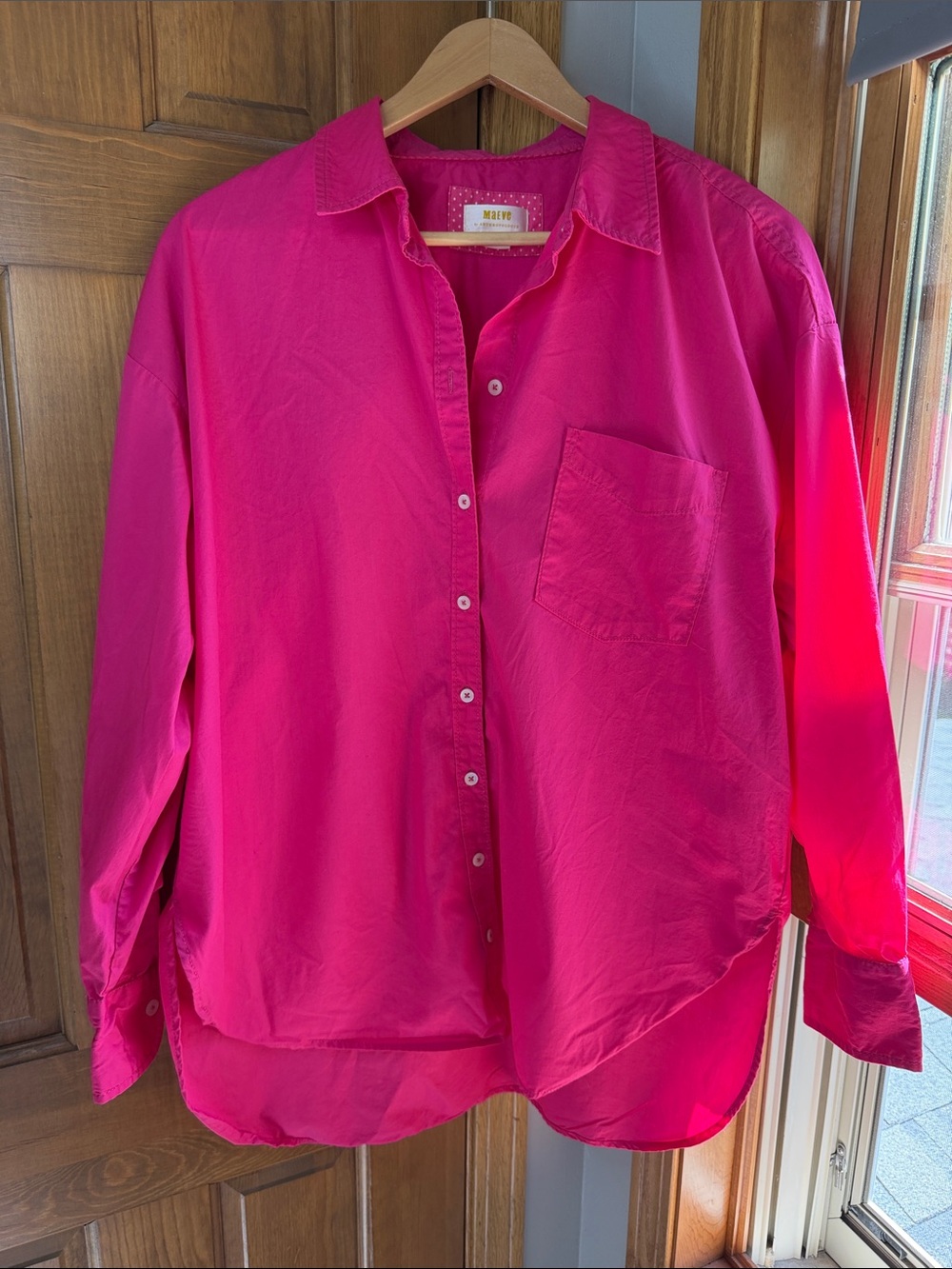 Anthropologie Maeve The Bennet Cotton Button Down Shirt Hot Pink Fuchsia Large